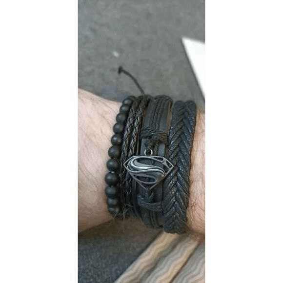 Retro Woven Leather Superman Logo Design Bracelets - 4 Piece - Picture 3 of 3